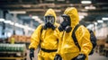 Two people in yellow protective suits walking in a warehouse