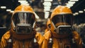 Two people in yellow spacesuits standing next to each other