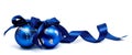 Two perfect blue christmas balls with ribbon isolated Royalty Free Stock Photo