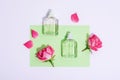 Two perfume bottles and rose flowers on green and white background. Beauty, fashion concept. Top view, flat lay, mockup Royalty Free Stock Photo