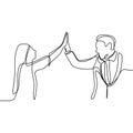 Two person rising his hand and toss a high five. Continuous line drawing of a office man and a girl finishing or dealing their Royalty Free Stock Photo