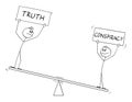 Two Persons on Balance Scales Holding Conspiracy and Truth Signs , Vector Cartoon Stick Figure Illustration