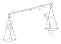 Two Persons on Balance Scale, Employee Potential, Human Rights, Vector Cartoon Stick Figure Illustration