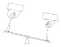 Two Persons on Balance Scales Holding Empty Signs , Vector Cartoon Stick Figure Illustration Royalty Free Stock Photo