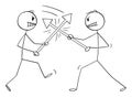 Two Persons or Businessmen Fighting About Direction Choice , Vector Cartoon Stick Figure Illustration Royalty Free Stock Photo