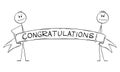 Two Persons Holding Big Congratulations Ribbon Sign, Vector Cartoon Stick Figure Illustration