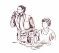 Two persons at the table eating and drinking - drawn three colored pencil graphic artistic illustration on paper