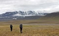 Two persons walking in tundra on Svalbard Royalty Free Stock Photo