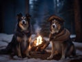 Two pet dogs near a campfire on snow ground in winter season