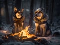 Two pet dogs near a campfire on snow ground in winter season