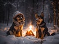 Two pet dogs near a campfire on snow ground in winter season