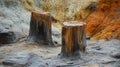 Two petrified tree stumps stand on a textured rocky surface