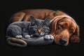 Two pets, a cat and a dog sleeping together in a cozy nap. Royalty Free Stock Photo