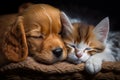 Two pets, a cat and a dog sleeping together in a cozy nap. Royalty Free Stock Photo