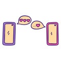 Two phones exchange love messages. Vector doodle