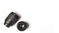 Two photo camera lenses isolated on white. copy space Royalty Free Stock Photo