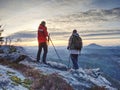 Two photographers with camera and tripod stay along path Royalty Free Stock Photo