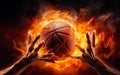 Two photorealistic hands catching orange basketball ball burning on black background. Fast dribble motion, goal. AI Generative