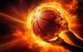 Two photorealistic hands catching orange basketball ball burning on black background. Fast dribble motion, goal. AI Generative