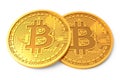 Two physical Bitcoins isolated on white background. Golden coins with bitcoin symbol. Royalty Free Stock Photo