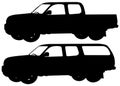 Two pick up trucks silhouettes in black on white background