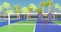 Two pickleball paddles and a plastic ball on the nets of the court. Summer palm trees banner 3d rendering