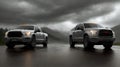 Two pickup trucks on the road. Dark dramatic landscape as background, gloomy sky with rainy clouds, forest and hill. Generative AI