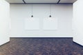 Two pictures in a dark wood floor art gallery, toned Royalty Free Stock Photo