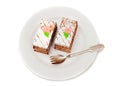 Two pieces of biscuit cake with silver fork Royalty Free Stock Photo