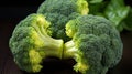 Two pieces of broccoli sitting on a table. Generative AI image. Royalty Free Stock Photo