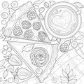 Two pieces of cake and a cup of coffee top view.Coloring book antistress for children and adults. Royalty Free Stock Photo