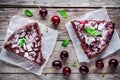 Two pieces of chocolate cake Clafoutis with cherries Royalty Free Stock Photo
