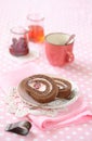 Two pieces of Chocolate Strawberry Swiss Roll Cake Royalty Free Stock Photo