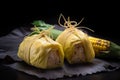 Two pieces of food wrapped in yellow cloth. AI generative image