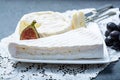 Two pieces of French soft cheeses Brie and Camembert with white mold and strong odor, served with fresh ripe figs and black grapes Royalty Free Stock Photo