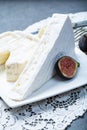 Two pieces of French soft cheeses Brie and Camembert with white mold and strong odor, served with fresh ripe figs Royalty Free Stock Photo