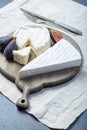 Two pieces of French soft cheeses Brie and Camembert with white mold and strong odor, served with fresh ripe figs Royalty Free Stock Photo