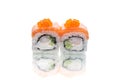 Two pieces of Maki sushi roll with salmon slice and caviar on top isolated on white background with reflection Royalty Free Stock Photo