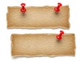 Two pieces of parchment paper pinned with red pushpins for notes or reminders isolated on white background Royalty Free Stock Photo