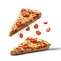Two pieces of pizza with melted cheese and ingredients suspended in the air. Royalty Free Stock Photo