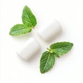 Fresh Mint Chewing Gum Pieces with Green Mint Leaves on White Background AI generated. Royalty Free Stock Photo