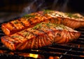 Two pieces of salmon fillet on hot grill.Macro.AI Generative Royalty Free Stock Photo