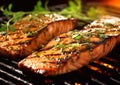 Two pieces of salmon fillet on hot grill.Macro.AI Generative Royalty Free Stock Photo