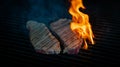 Two pieces of Striploin beef tips on getting grilled on a barbeque grill.GRILLING Royalty Free Stock Photo