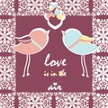 Two pigeons card with love hearts Royalty Free Stock Photo