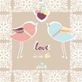 Two pigeons card with love hearts Royalty Free Stock Photo