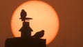 Two pigeons on a chimney with a big orange morning sun on the background