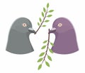 Two pigeons hold twigs with green leaves in their beaks. Vector bird heads in gray and purple isolated on a white background.