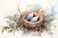 Two pigeons in the nest on a white background. Watercolor painting. Generative AI