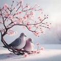 Two pigeons sitting on a branch of a blossoming cherry tree in a snowy winter morning, generative ai Royalty Free Stock Photo